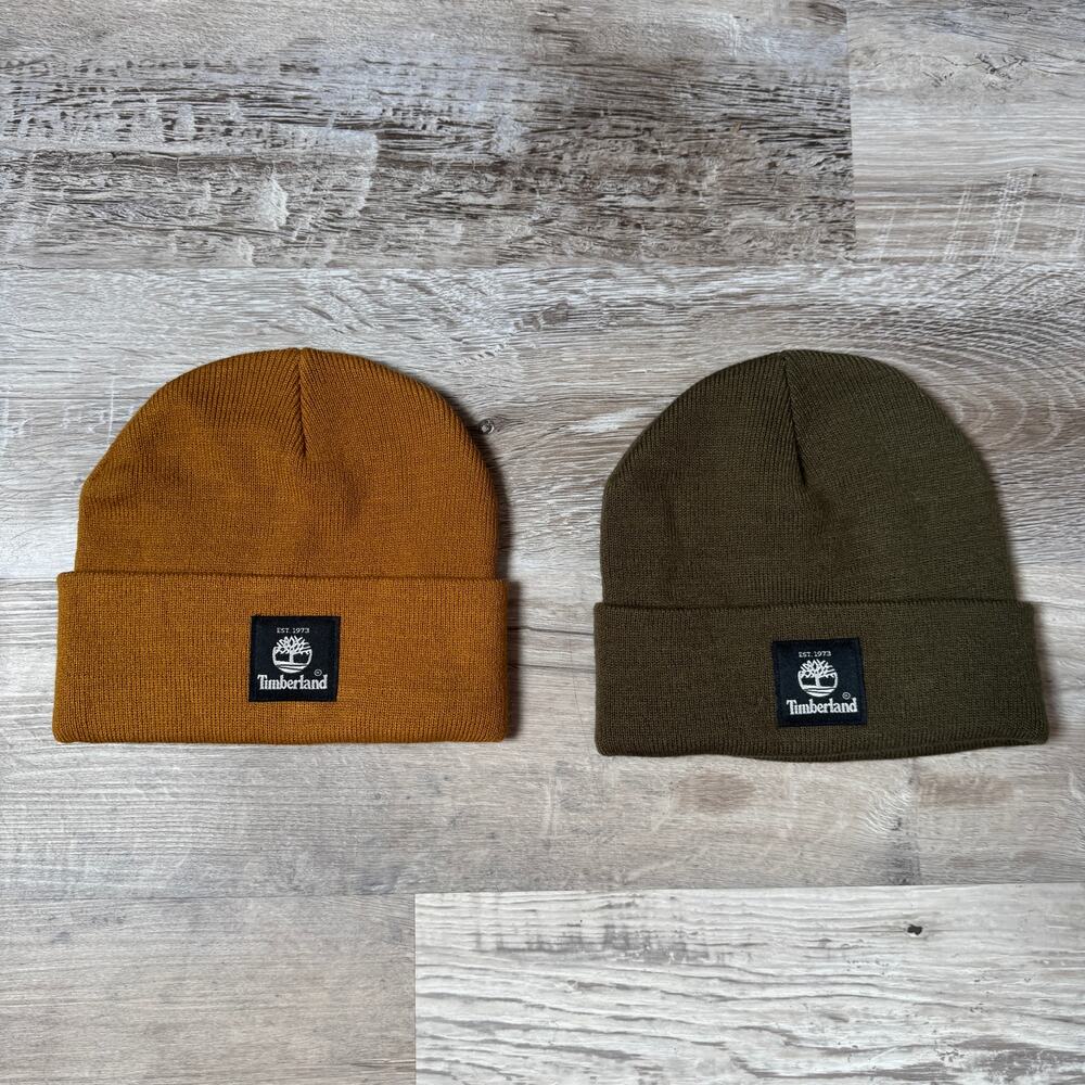 Timberland Beanie Hat Lot 2 Logo Patch Cuffed Knit Wheat Olive Gorpcore OS